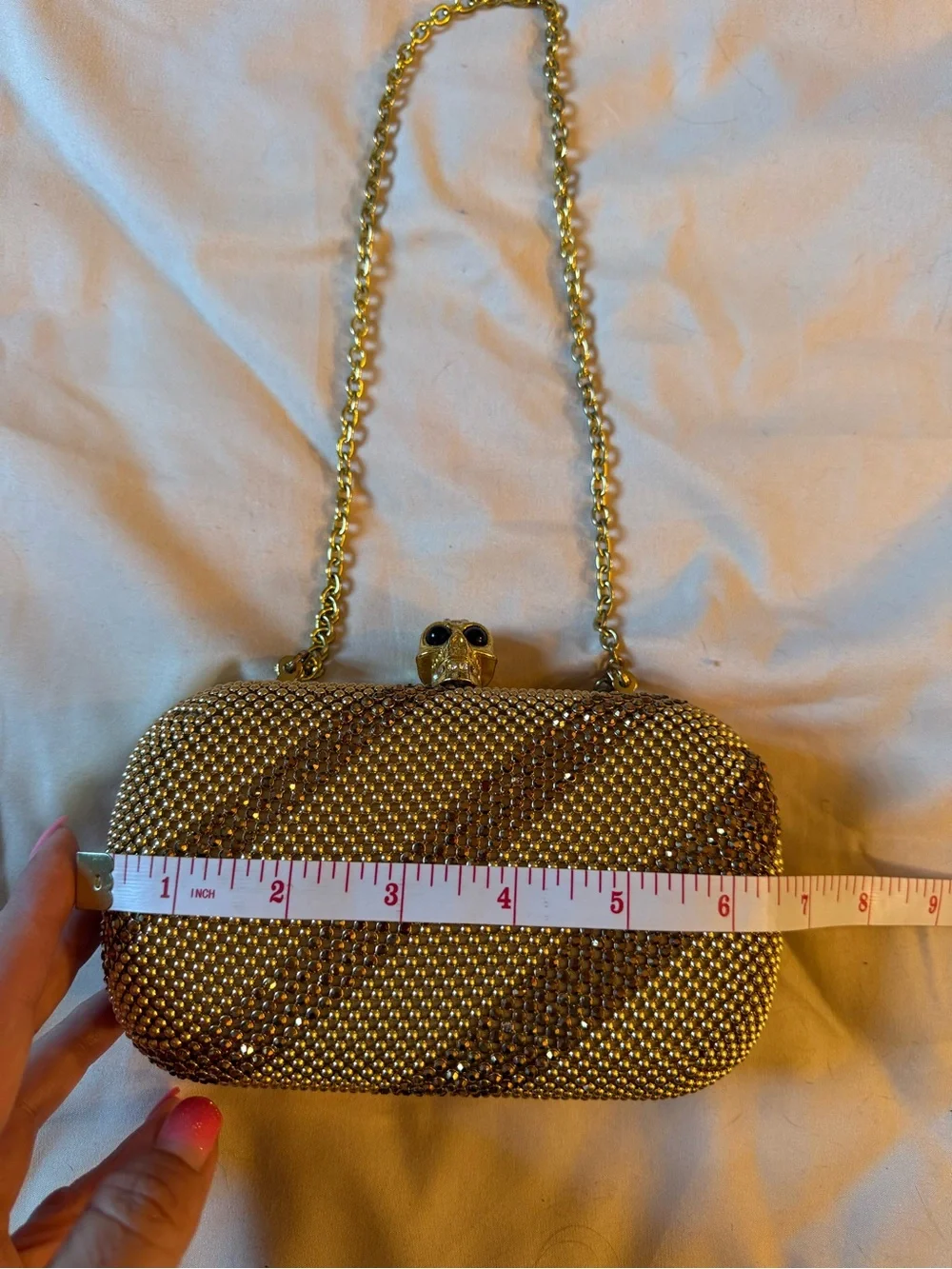Gold Crystal Skull Evening Clutch with Chain Strap